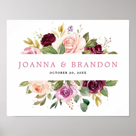Plum Paars Blush Pink Botanical Floral Wedding Poster (Voorkant)