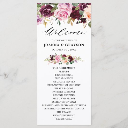 Plum Paars Blush Pink Botanical Floral Wedding Programma (Voorkant)