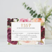 Plum Paars Blush Pink Botanical Floral Wedding RSVP Kaartje (Staand voorkant)