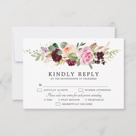 Plum Paars Blush Pink Botanical Floral Wedding RSVP Kaartje (Voorkant)