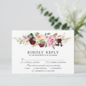 Plum Paars Blush Pink Botanical Floral Wedding RSVP Kaartje (Staand voorkant)