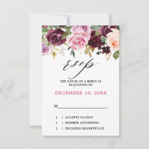 Plum Paars Blush Pink Botanical Floral Wedding RSVP Kaartje