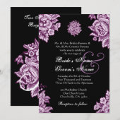 Plum Paars en Black  Flowers Wedding Kaart (Voorkant / Achterkant)