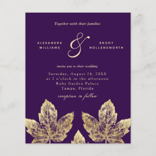 Plum Paars en Gold Rustic Leaves Wedding Invite