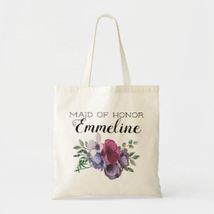 Plum Paars Floral Greenery Maid of Honor Tote Bag