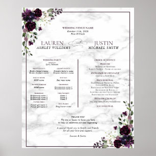 Plum Paars Floral Marble Wedding Programme Poster