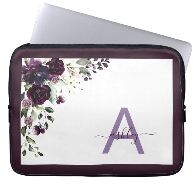 Plum Paars Floral Script Name Monogram Initiaal Laptop Sleeve (Voorkant)