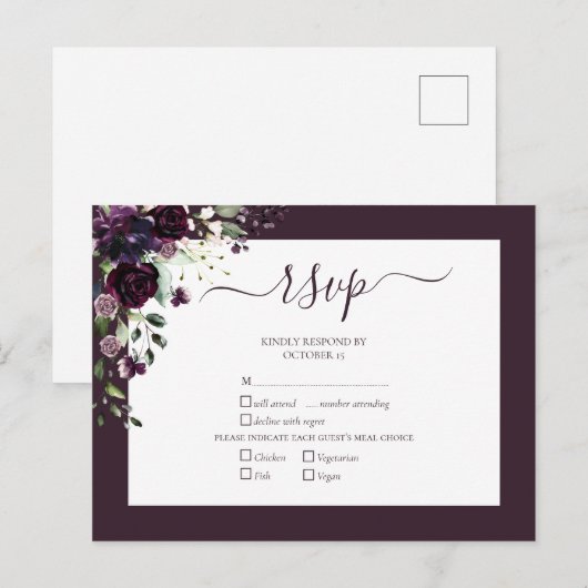 Plum Paars Floral Script Wedding RSVP Uitnodiging Briefkaart (Voorkant / Achterkant)
