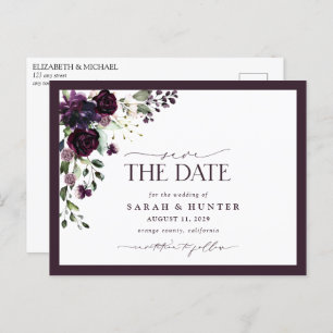 Plum Paars Floral Script Wedding Save the Date Uitnodiging Briefkaart