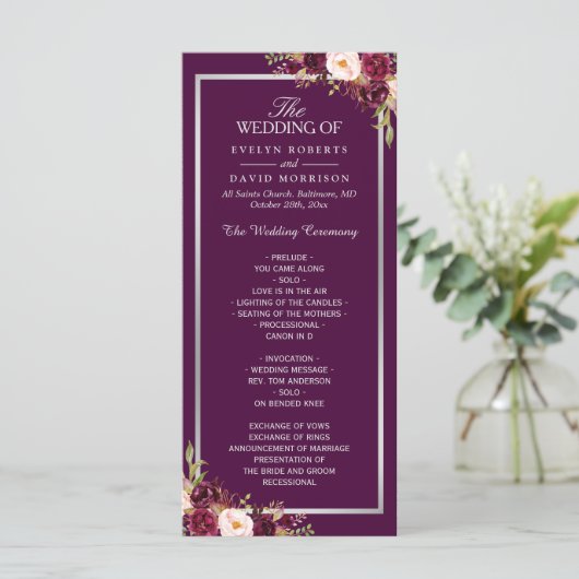 Plum Paars Floral Silver Gray Wedding Programme Programma (Staand voorkant)