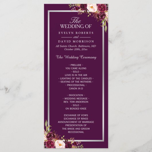 Plum Paars Floral Silver Gray Wedding Programme Programma (Voorkant)