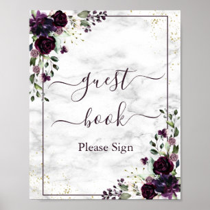 Plum Paars Gold Floral Marble Guest Book Sign. Poster