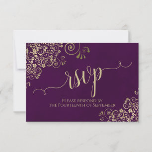 Plum Paars Gold Lace Elegant Calligraphy Wedding RSVP Kaartje
