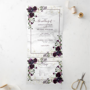 Plum Paars Gold Waterverf Marble Fall Wedding Drieluik Uitnodiging