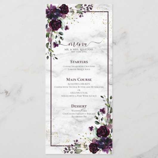 Plum Paars Gold Waterverf Marmer Wedding Menu (Voorkant)