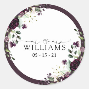 Plum Paars Mauve Floral Waterverf bruiloft Ronde Sticker