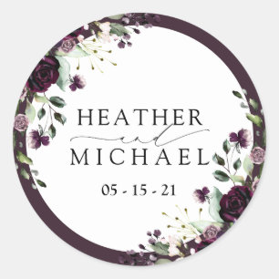 Plum Paars Mauve Floral Waterverf bruiloft Ronde Sticker