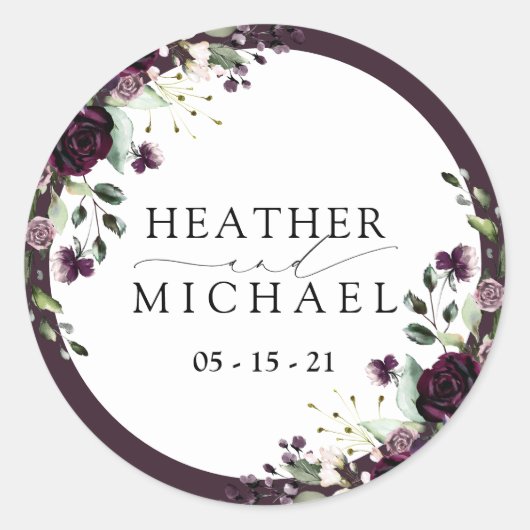 Plum Paars Mauve Floral Waterverf bruiloft Ronde Sticker (Voorkant)
