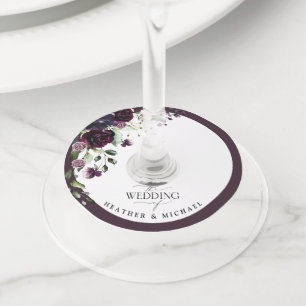 Plum Paars Mauve Floral Waterverf bruiloft Wijnglaslabel