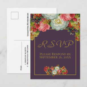 Plum Paars  najaar Floral Wedding RSVP Briefkaart