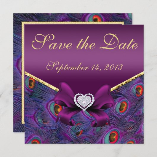 Plum Paars Peacock sparen de Datum Save The Date (Voorkant / Achterkant)