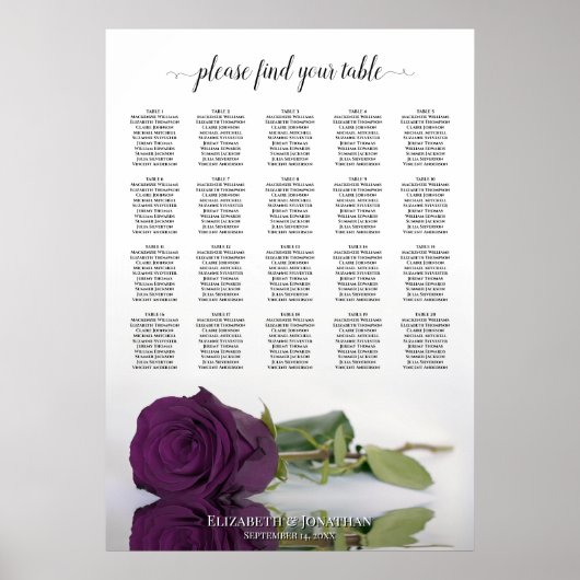 Plum Paars Roos 20 Table Wedding Seating Chart Poster (Voorkant)