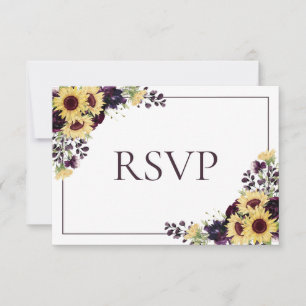 Plum Paars Sunflower No Food Wedding RSVP Kaartje