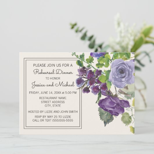Plum Paars Waterverf Floral Ivory Rehearal Kaart (Staand voorkant)