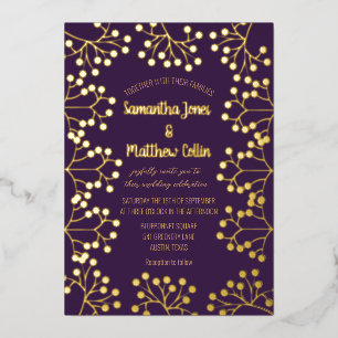Plum Paarse Baby's Breath Floral Gold Foil Wedding Folie Uitnodiging