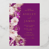 Plum Paarse & Blush Roos Gold Folie Wedding Folie Uitnodiging (Voorkant)