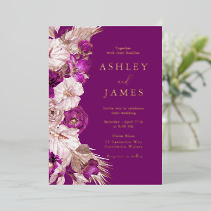 Plum Paarse & Blush Roos Gold Folie Wedding Uitnodiging
