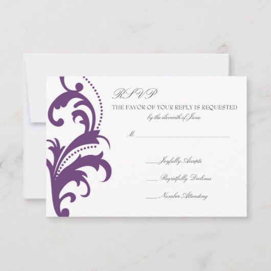 Plum Paarse Elegant Damask Wedding RSVP (Voorkant)