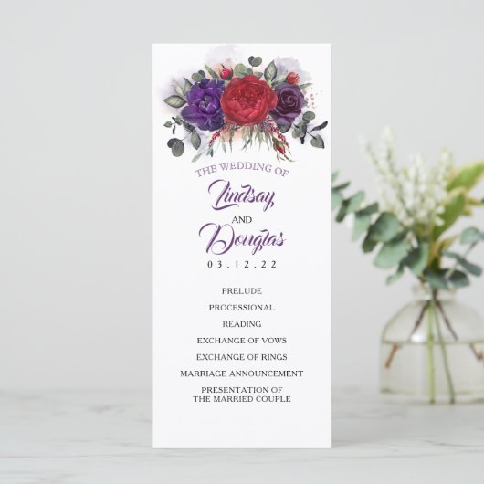 Plum Paarse en Bourgondische Floral bruiloft progr Programma (Staand voorkant)