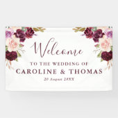 Plum paarse en perzik bloemenwelkomstbruiloft spandoek (Horizontaal)