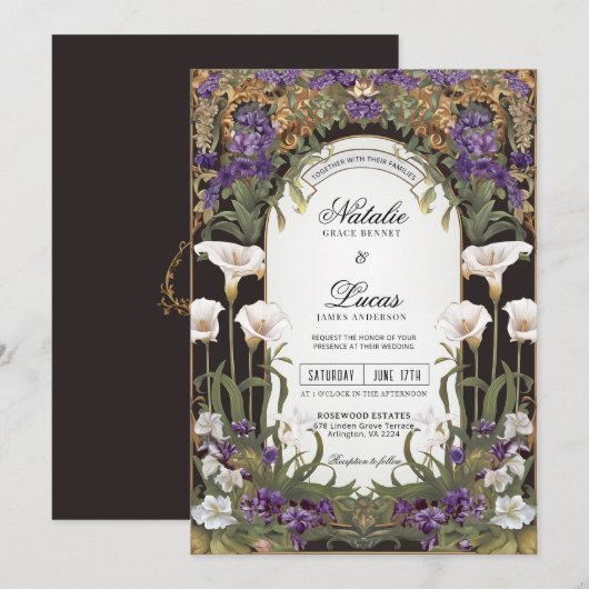 Plum Paarse Floral Gothic Art Nouveau bruiloft Kaart (Voorkant / Achterkant)