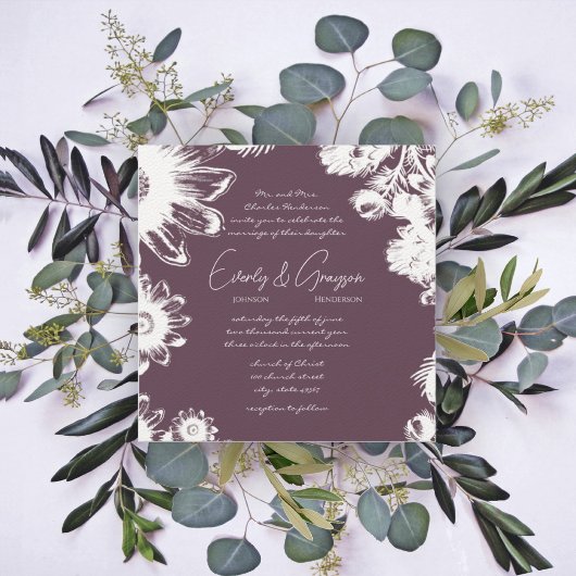 Plum Paarse Floral Wedding Invitations Kaart
