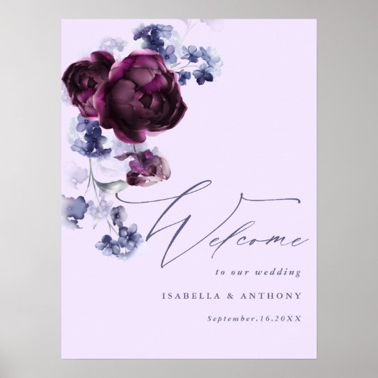 Plum Paarse & Indigo Blue Floral Elegante bruiloft Poster (Voorkant)
