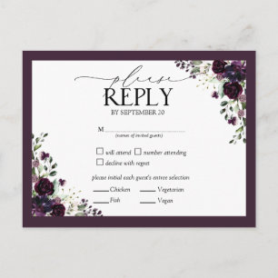 Plum Paarse Mauve Waterverf Floral Wedding RSVP Uitnodiging Briefkaart