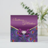 Plum Paarse Peacock Wedding Invitation Kaart (Staand voorkant)