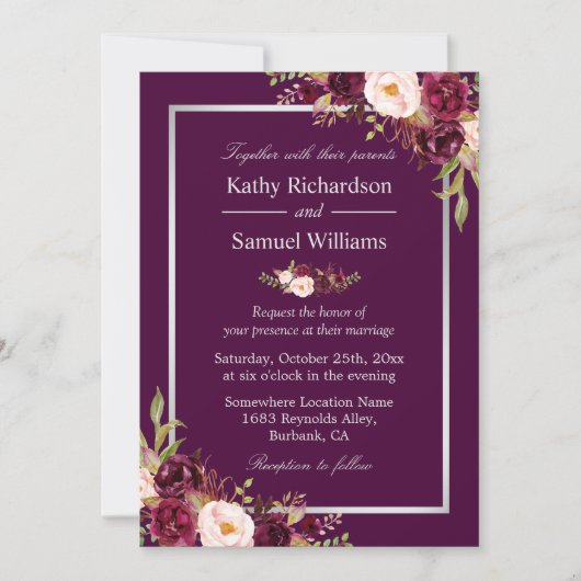 Plum Paarse Rustic Floral Silver Grey Fall Wedding Kaart (Voorkant)
