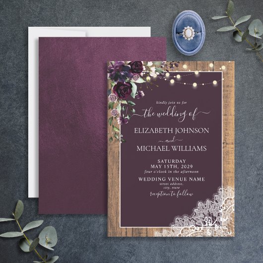 Plum Paarse Rustic Wood Lace Script Weddenschap Kaart