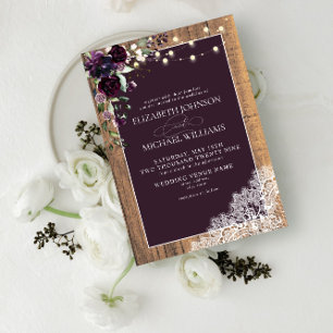 Plum Paarse Rustic Wood Lace Script Wedding Invita Kaart
