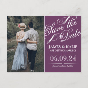 Plum Paarse  Script Foto Opslaan van de datum Aankondigingskaart