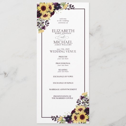 Plum Paarse Sunflower Waterverf Wedding Programma (Voorkant)