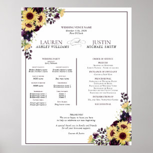 Plum Paarse Sunflower Waterverf Wedding Programme Poster