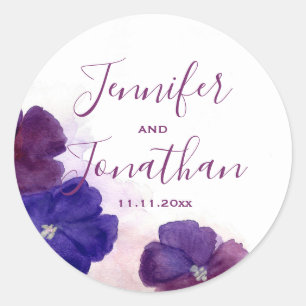 Plum Paarse Violet Bloemen Waterverf BRUILOFT Ronde Sticker