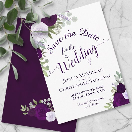 Plum Paarse Waterverf Floral Elegant Boho Wedding Save The Date