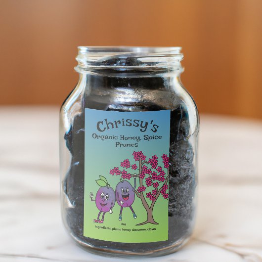 Plum Pals Funny Cartoon Prune Behoudt en Meer Voedselcontainer Etiket