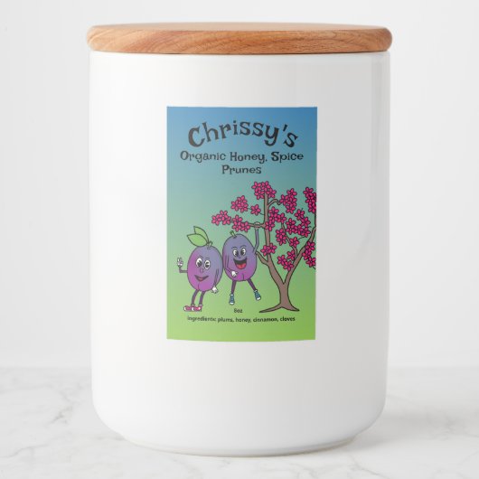 Plum Pals Funny Cartoon Prune Behoudt en Meer Voedselcontainer Etiket (Voorkant)