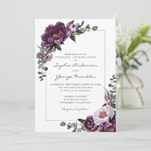 Plum Peonies bruiloft uitnodiging Kaart (Staand voorkant)